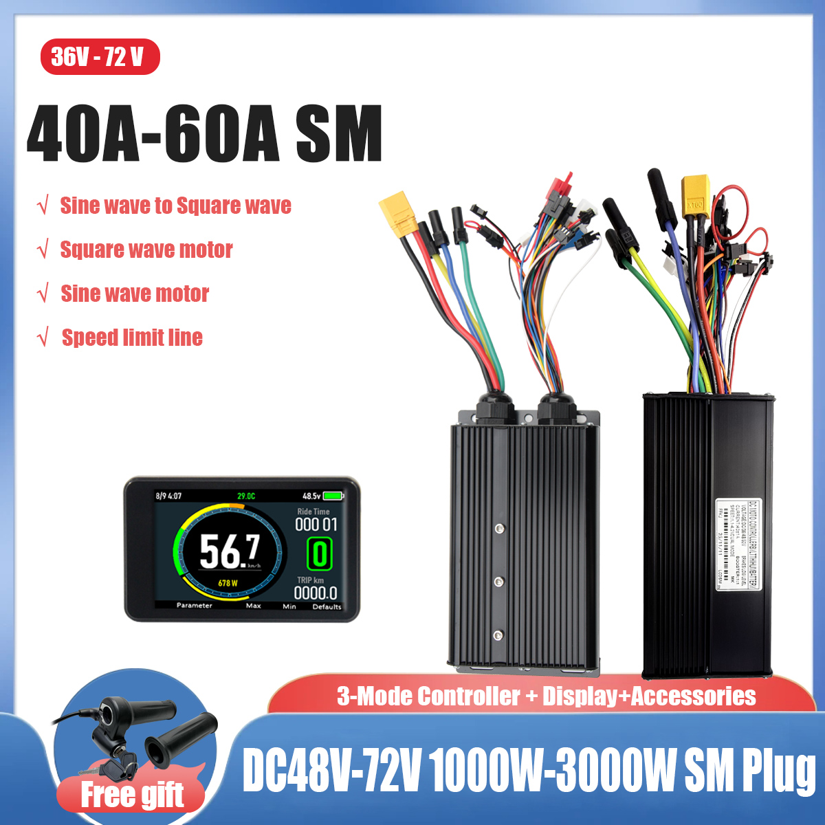 Ebike Conversion Kit 72V 3000W - ชุดแปลงคลื่นไซน์เป็นคลื่นสี่เหลี่ยมสำหรับจักรยานไฟฟ้า 40A/45A/60A 36V-72V พร้อมมือจับคันเร่งแบบหมุน 81X สำหรับมอเตอร์